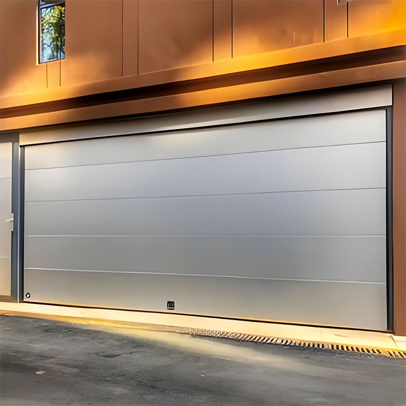 Flat aluminum plate garage doors with lighting.